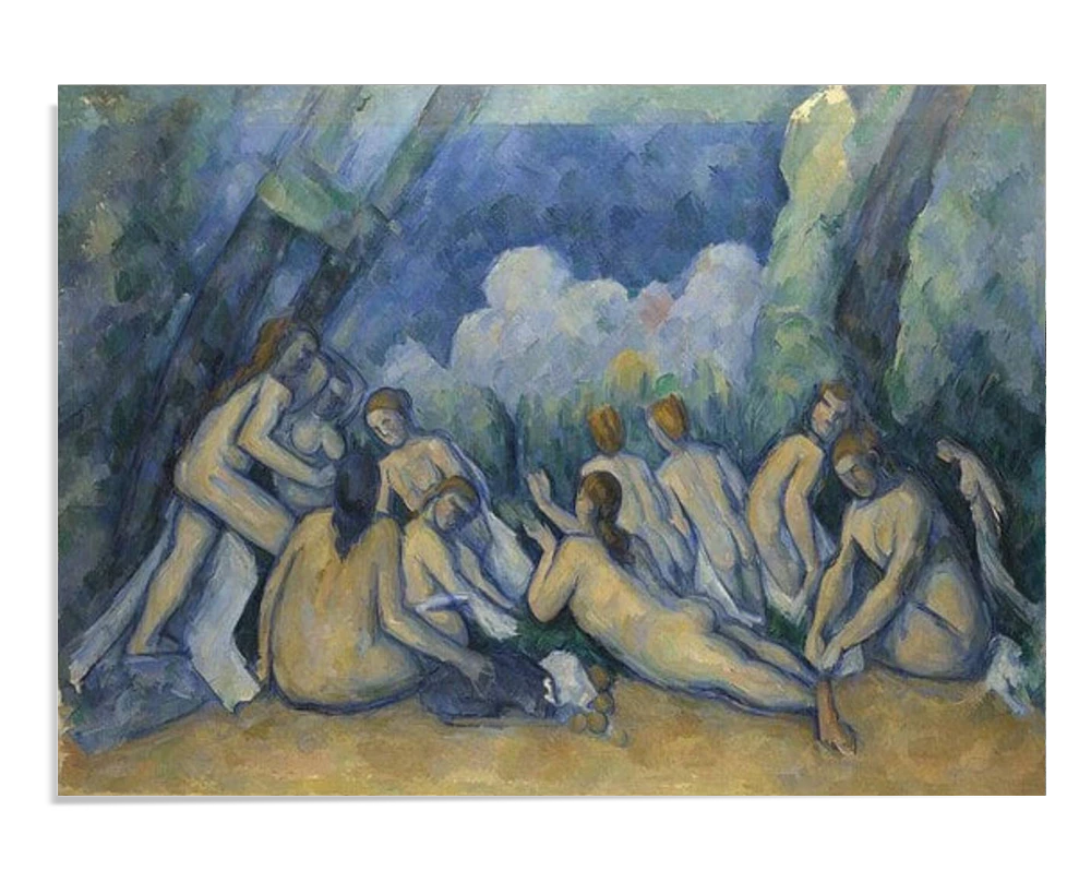 "Post-impressionist painting of nude bathers gathered in nature. The figures are painted in soft, flowing lines, surrounded by abstract trees and a peaceful blue sky, creating a calm, reflective scene