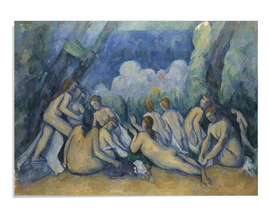 "Post-impressionist painting of nude bathers gathered in nature. The figures are painted in soft, flowing lines, surrounded by abstract trees and a peaceful blue sky, creating a calm, reflective scene