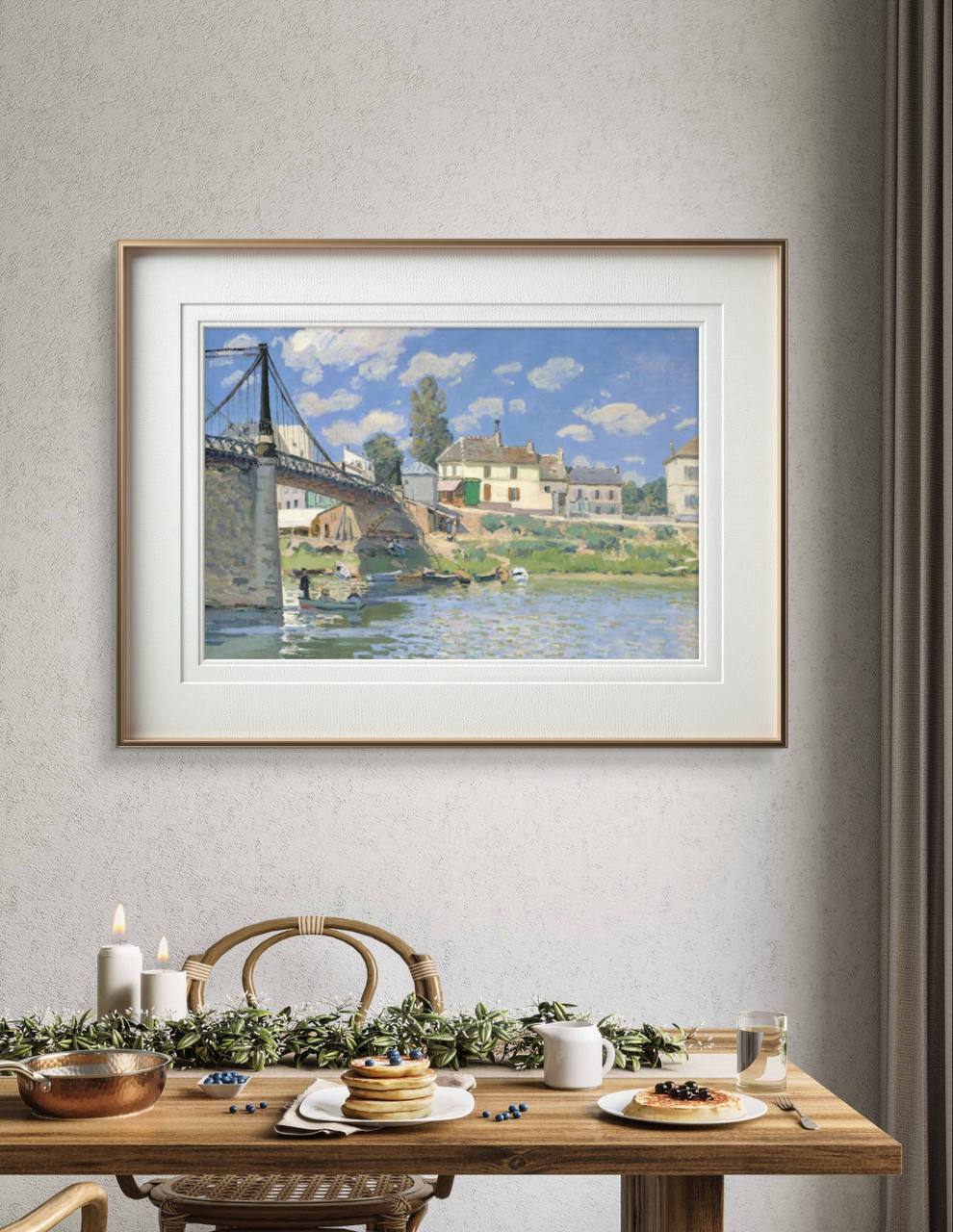 Framed artwork depicting a tranquil riverside view with a bridge and small boats. The soft, bright colors and peaceful atmosphere make this painting a perfect addition to a dining room setting.