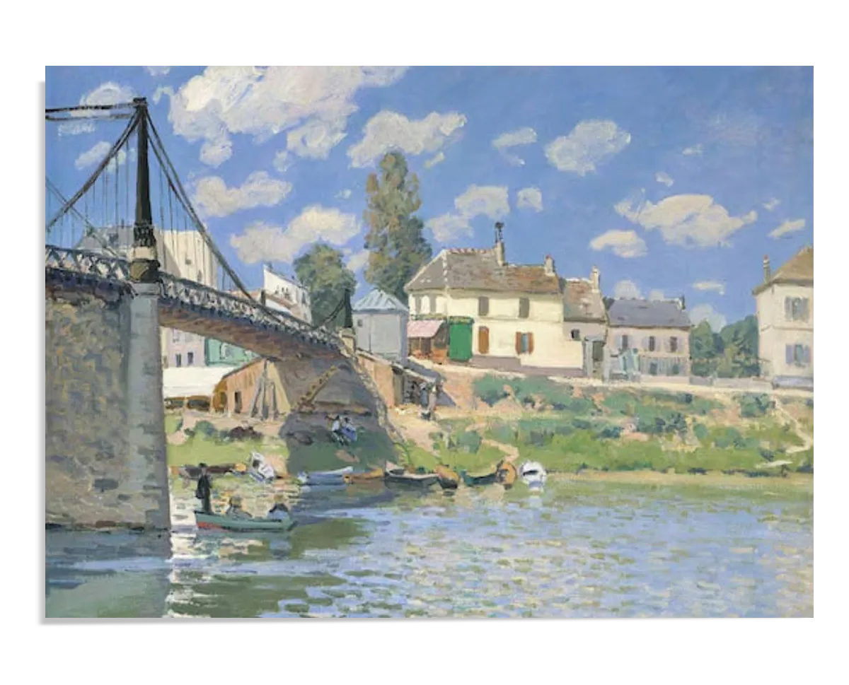 Impressionist painting of a peaceful river scene with a bridge crossing over. Small boats float near the water’s edge, and sunlight illuminates the houses and greenery under a bright blue sky.
