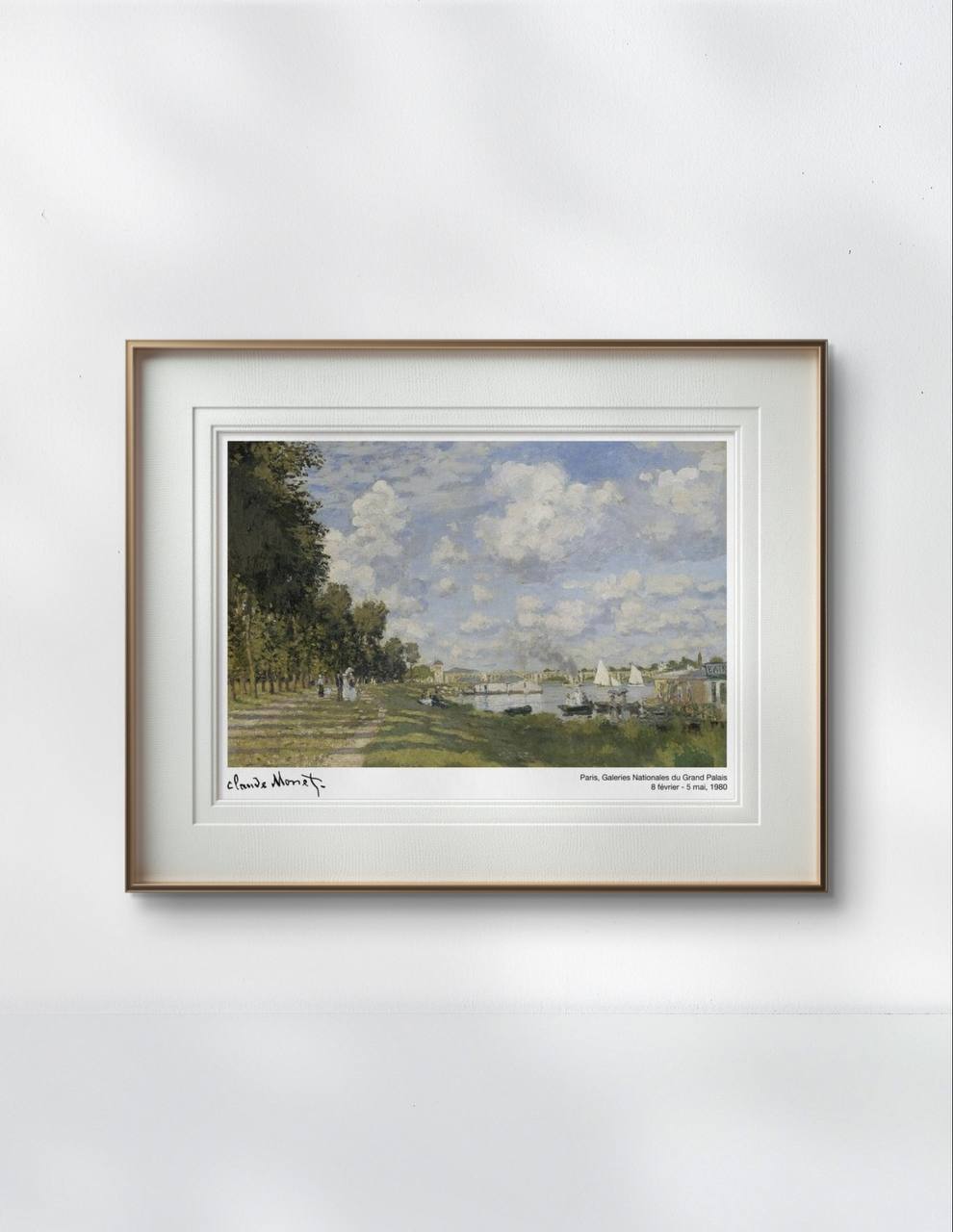 Claude Monet's painting of a peaceful riverside in Argenteuil, France. The scene shows a bright sky with fluffy clouds, trees lining a path, and sailboats gliding on the calm river