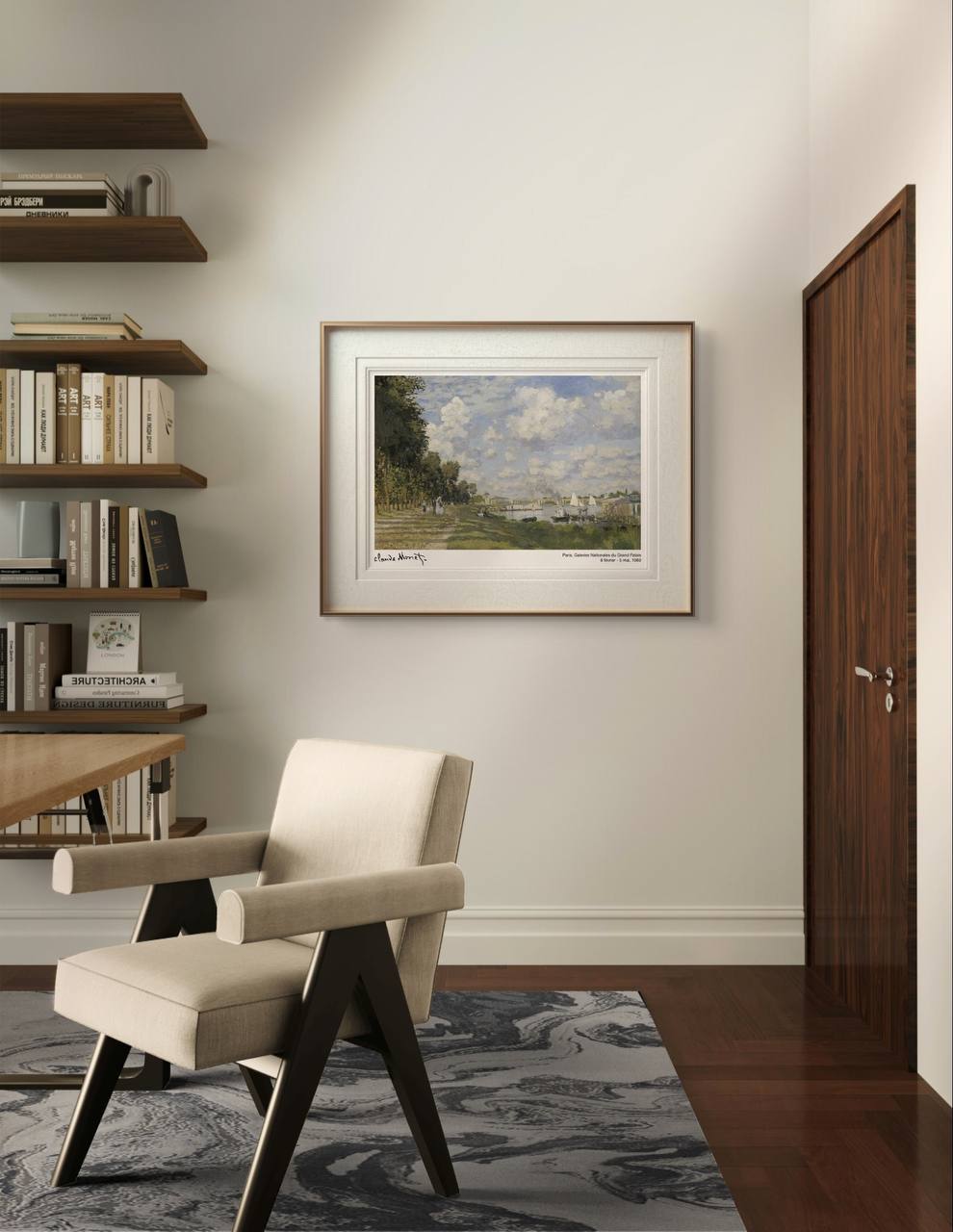 Framed Monet artwork depicting a tranquil riverside path with sailboats in the distance. The serene colors and peaceful landscape make it a perfect addition to this cozy reading nook