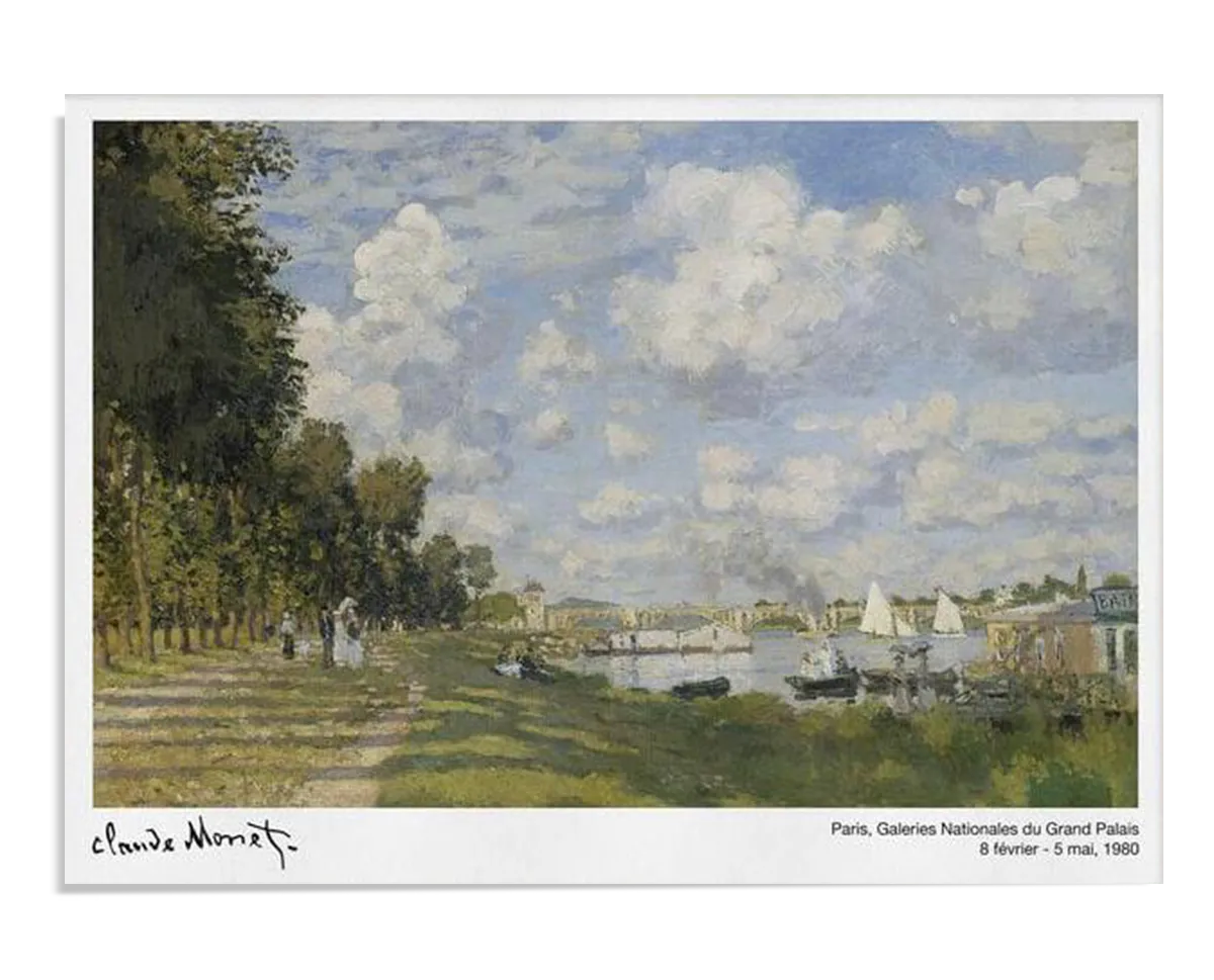 Monet’s riverside painting, featuring sailboats and a tree-lined path, adds a sense of calm and relaxation to this home office. The soft, sunny landscape creates a peaceful environment