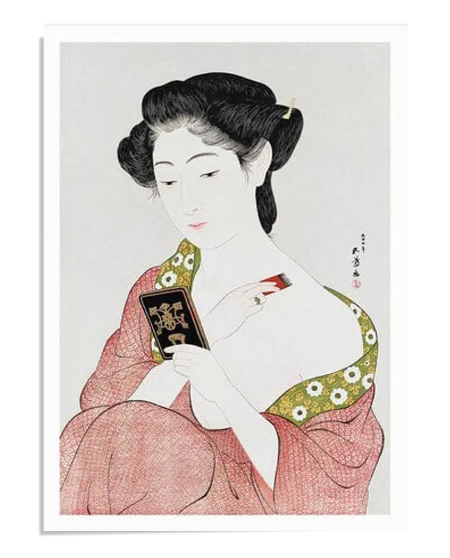 Elegant Japanese artwork featuring a woman in a traditional kimono, gently applying powder to her face. The delicate lines and soft colors create a serene and graceful image