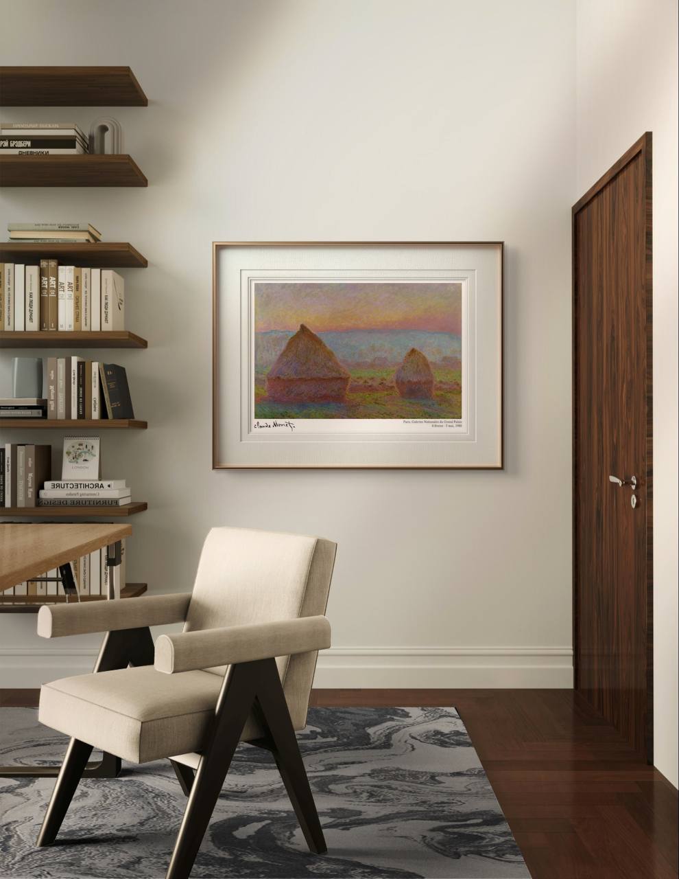 A framed Monet painting of haystacks hangs in a modern room. The neutral decor and the elegant armchair complement the warm tones of the sunset in the artwork