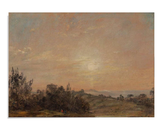 A soft, muted landscape painting by John Constable depicting trees, rolling hills, and a distant sunset. The warm tones of the sky blend with the earthy colors of the countryside
