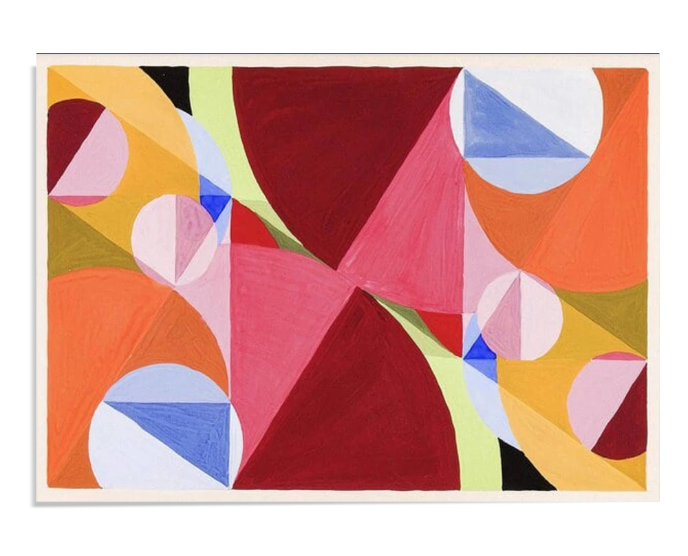 A vibrant abstract artwork featuring geometric shapes in red, orange, pink, and blue. Circles and triangles overlap in a dynamic composition, creating a bold and colorful visual impact.