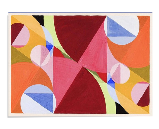 A vibrant abstract artwork featuring geometric shapes in red, orange, pink, and blue. Circles and triangles overlap in a dynamic composition, creating a bold and colorful visual impact.