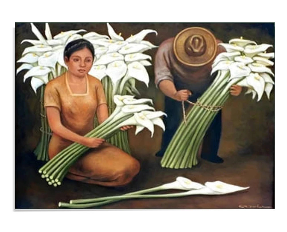A painting of a woman sitting with large bundles of white calla lilies in her lap, while a man in a hat arranges more flowers. The scene reflects a humble, traditional flower-selling activity.