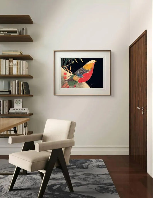 This detailed Japanese print of a golden pheasant is framed above a sleek desk. The vivid bird and soft background blend well with the contemporary room, adding a touch of culture and nature.