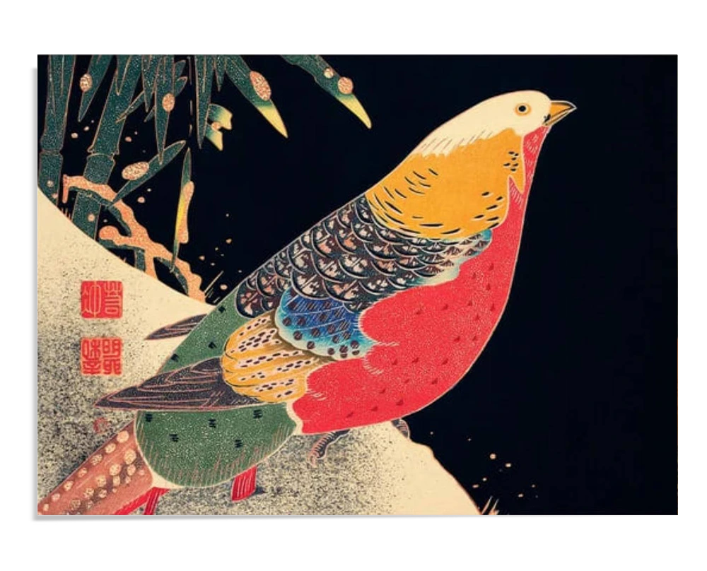 A vibrant golden pheasant with bright red, yellow, and blue feathers perches gracefully against a dark background, contrasting with snow-dusted branches and traditional Japanese symbols in red.