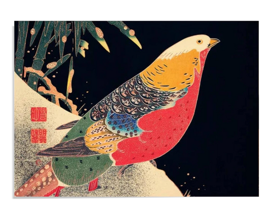 A vibrant golden pheasant with bright red, yellow, and blue feathers perches gracefully against a dark background, contrasting with snow-dusted branches and traditional Japanese symbols in red.