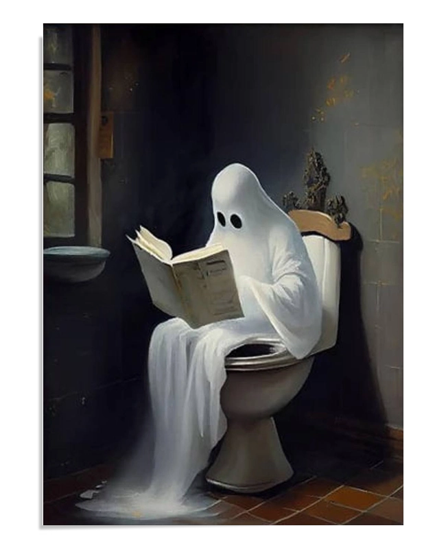A humorous illustration of a ghost sitting on a toilet, reading a book. The ghost has two black eye holes and a long white sheet, giving a playful and surreal touch to the dark bathroom setting.