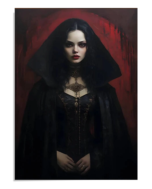 A portrait of a young gothic woman dressed in a black corset and dark cloak. Her pale complexion and red lips stand out against a dark and deep red background, creating a mysterious and elegant aura.