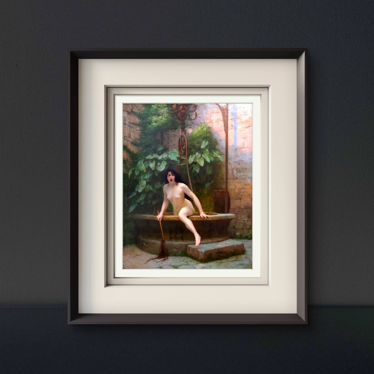 The same framed painting of the woman is shown in a dark-toned room. The subtle light highlights the intricate details of the woman and the well, adding a striking contrast to the space's modern and clean design.