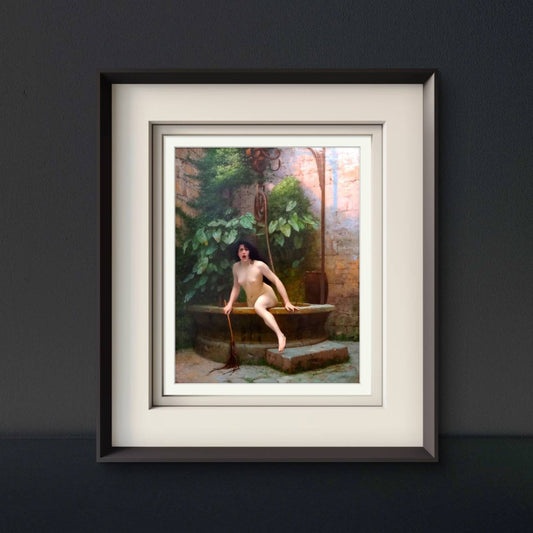 The same framed painting of the woman is shown in a dark-toned room. The subtle light highlights the intricate details of the woman and the well, adding a striking contrast to the space's modern and clean design.