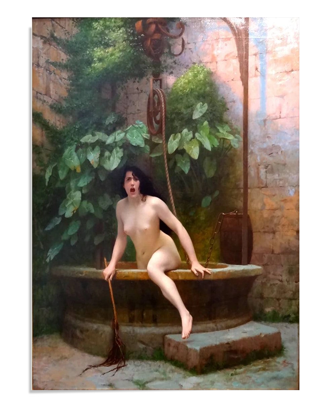 First Image: A classical painting depicting a nude woman emerging from a well, holding a stick in one hand. The setting is a lush, overgrown courtyard with climbing greenery and an old stone wall, creating a sense of mystery and drama.