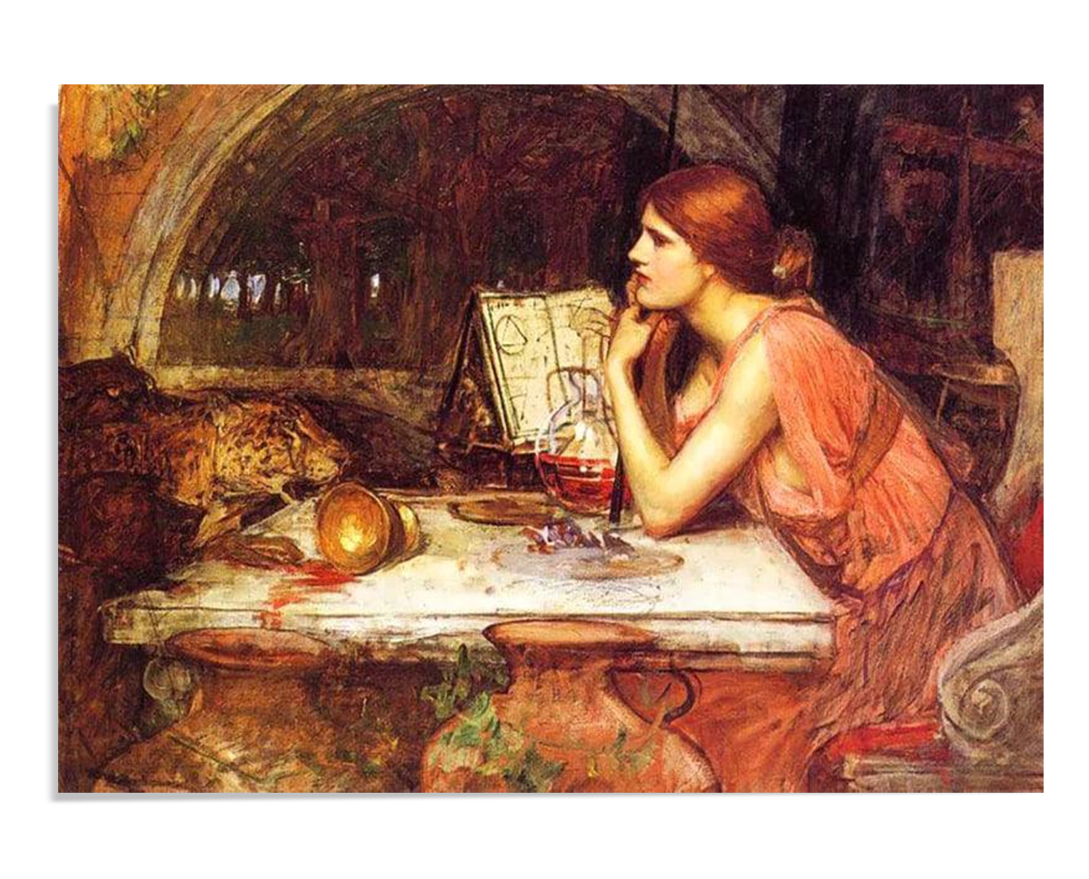 A classical painting of a woman in a flowing red dress, seated at a table covered with ancient-looking objects. She gazes thoughtfully at an open book filled with mystical symbols. The warm colors and detailed setting evoke a scene of magic and contemplation.