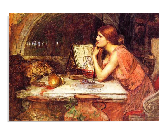 A classical painting of a woman in a flowing red dress, seated at a table covered with ancient-looking objects. She gazes thoughtfully at an open book filled with mystical symbols. The warm colors and detailed setting evoke a scene of magic and contemplation.
