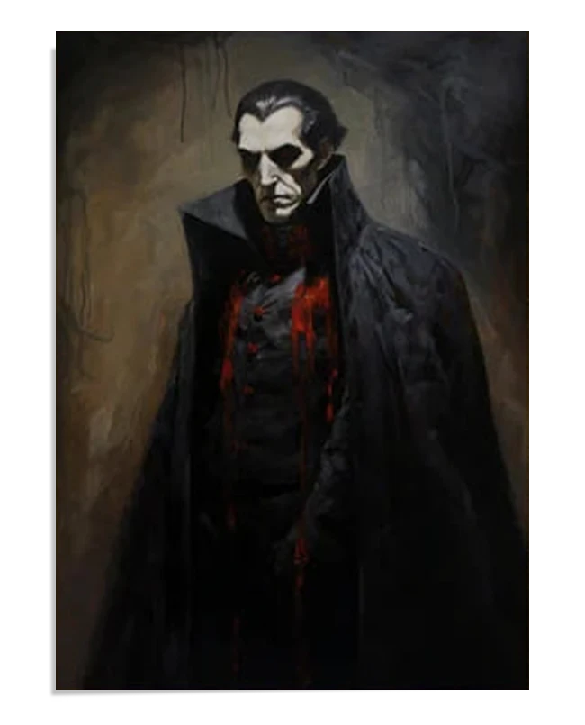A dark, brooding portrait of Dracula in a black cloak, with blood dripping down his chest. His pale face and intense gaze add a chilling atmosphere to the artwork, emphasizing his menacing and mysterious presence.