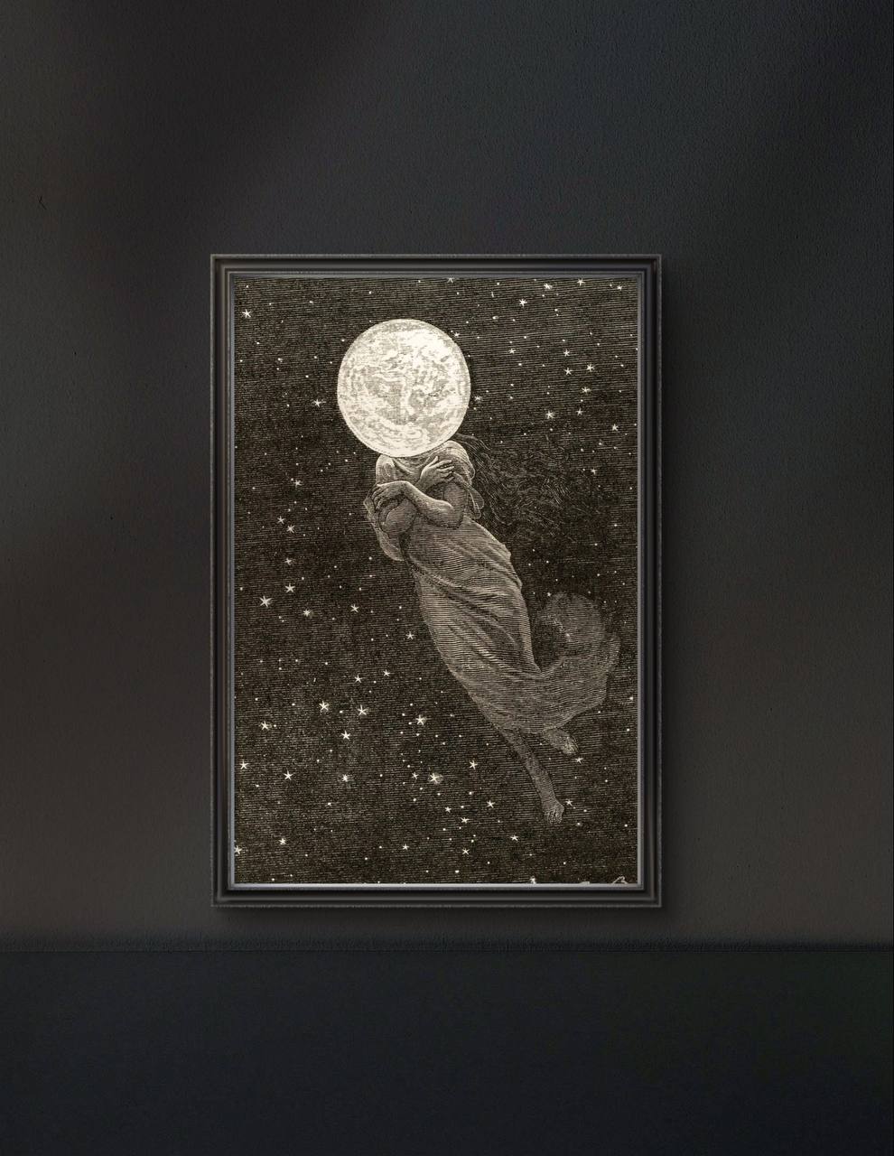 The same artwork as Poster 1, now displayed in a sleek black frame. The figure with a moon for a head floats in a starry night sky, giving the room an elegant, celestial touch.