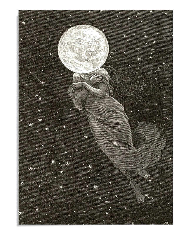 A mystical image of a floating figure wrapped in robes, holding their arms close, with the moon as their head. The figure is surrounded by stars in the night sky, creating a dreamlike and cosmic atmosphere