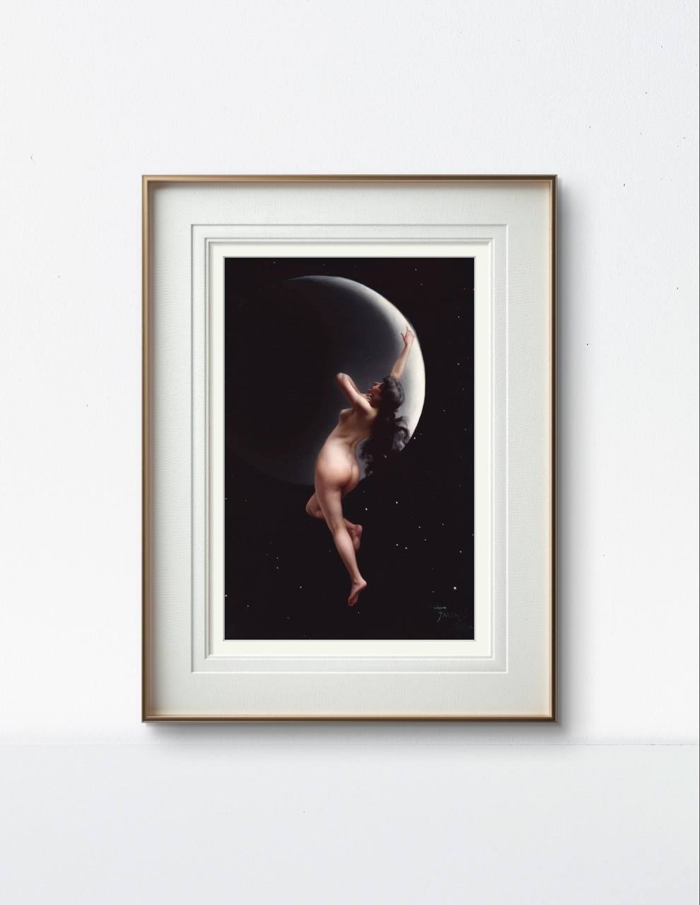 The same ethereal artwork of the nude woman reaching for the moon, framed elegantly in white and gold. The celestial theme adds a sense of serenity and otherworldly beauty to the room