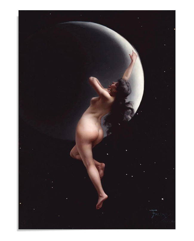 A nude woman with long, flowing hair reaches toward the crescent moon behind her. She appears to be floating in the starry night sky, exuding a sense of freedom and connection to the moon's mystical energy.