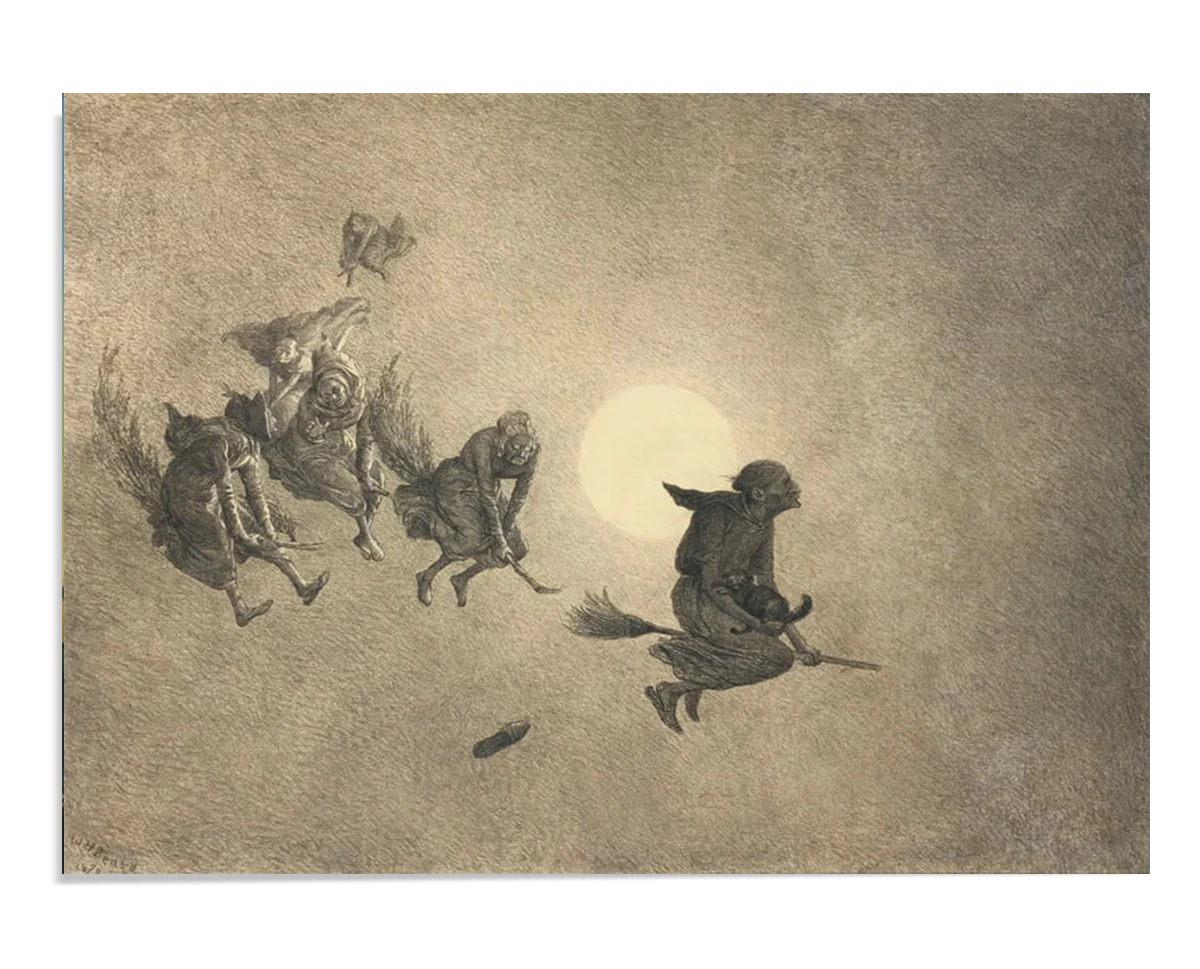 A group of witches flying on broomsticks under a full moon, one witch leading with a black cat in her lap. Their whimsical flight through the night sky creates a sense of magic and mischief.