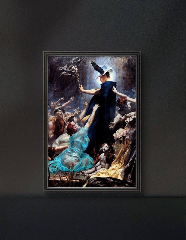 The framed artwork presents the dramatic depiction of the cloaked figure guiding souls through the underworld. The use of dark tones and vivid characters brings a sense of power and mythological mystery to the room.