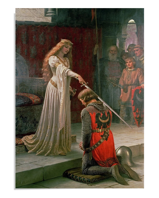 A knight kneels before a queen, who gently taps his shoulder with a sword, symbolizing his knighthood. The knight wears chainmail and a red tunic, while the queen is draped in a flowing white gown, creating a moment of honor and chivalry.