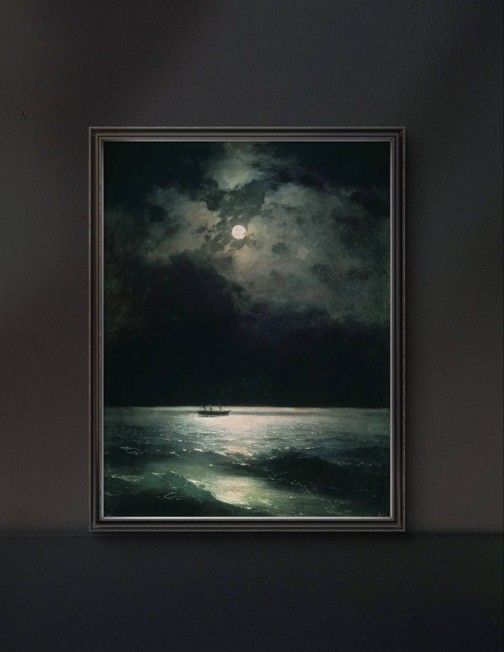 The framed painting showcases the quiet beauty of the Black Sea at night, with a small ship illuminated by the moonlight. The deep colors and tranquil scene evoke a sense of calm and reflection.