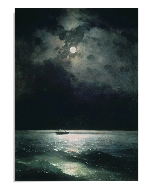 A lone ship sails across the moonlit waters of the Black Sea under a cloudy night sky. The moonlight reflects softly on the dark waves, creating a serene and mysterious atmosphere.