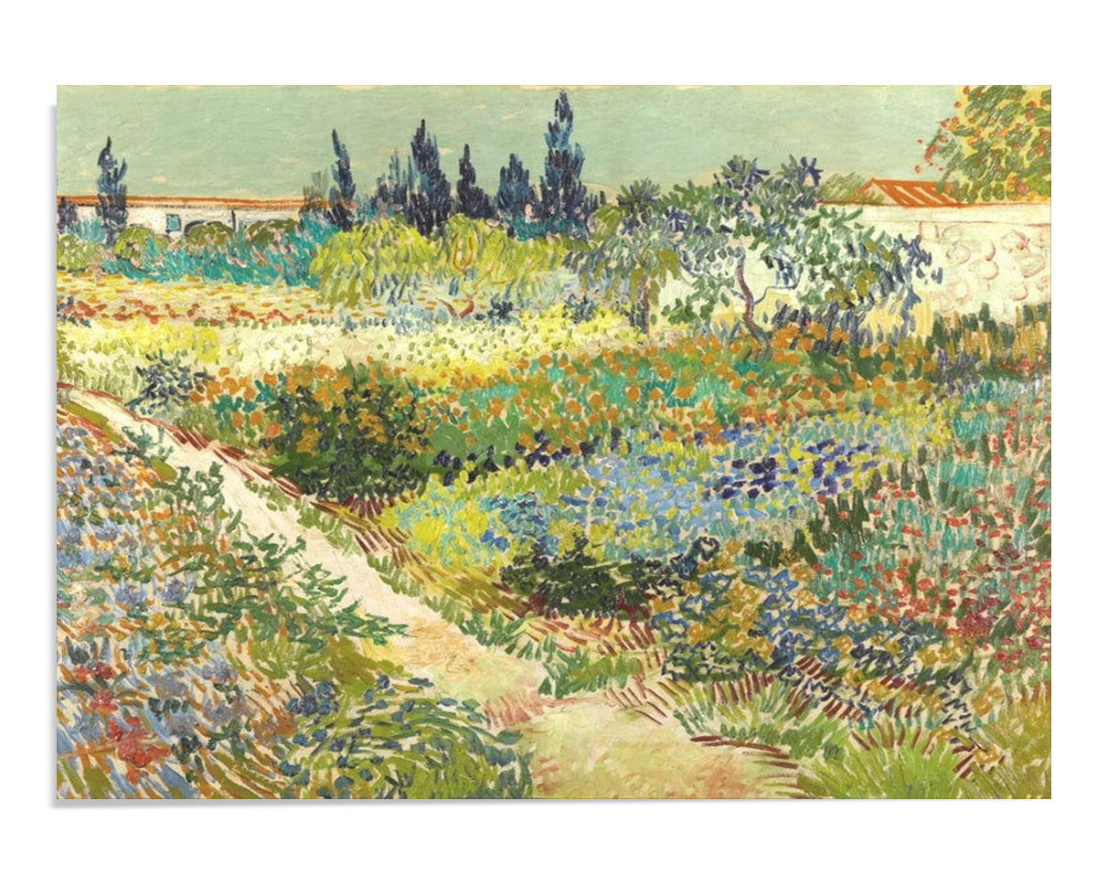 A colorful landscape painting of a lush garden with vibrant green trees, yellow, blue, and red flowers, and a path running through it. The garden is enclosed by a white wall with trees and mountains in the background.