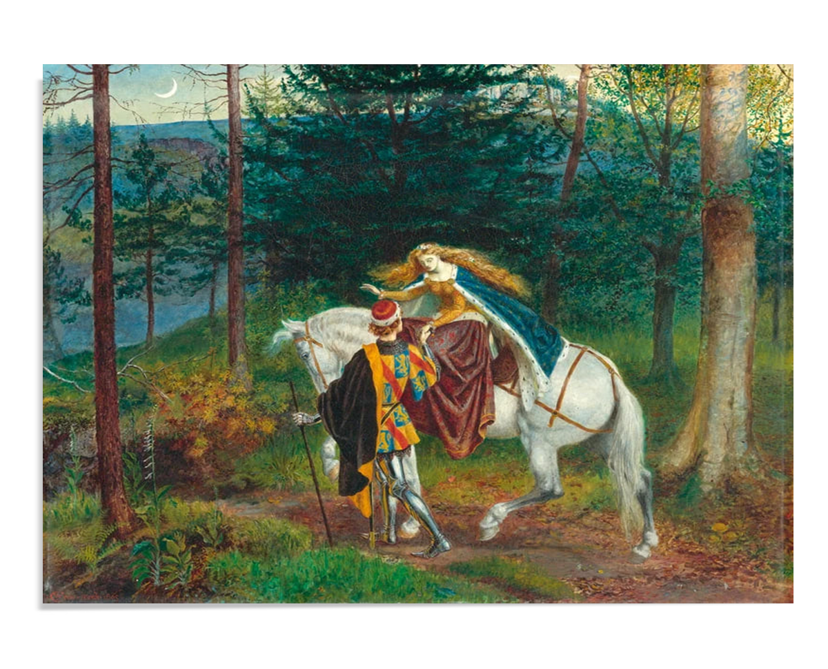 A medieval scene featuring a knight in shining armor leading a fair maiden on a white horse through an enchanted forest. The vibrant colors and detailed attire evoke a romantic tale of chivalry and mystery.