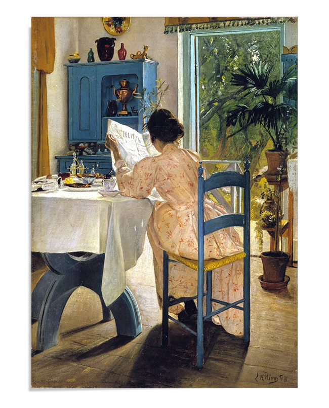 A detailed painting of a woman reading at a breakfast table. She is wearing a floral pink dress, with a blue chair and cabinet. The bright light from the open door reveals a peaceful, green outdoor scene.