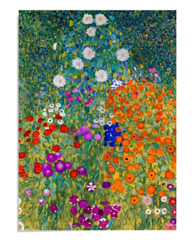 A vibrant painting featuring clusters of colorful flowers. Red, orange, purple, and white blooms cascade over green foliage, filling the canvas with rich colors and textures. The artwork evokes a lush and lively flower garden.