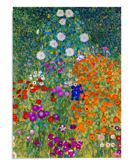 A vibrant painting featuring clusters of colorful flowers. Red, orange, purple, and white blooms cascade over green foliage, filling the canvas with rich colors and textures. The artwork evokes a lush and lively flower garden.