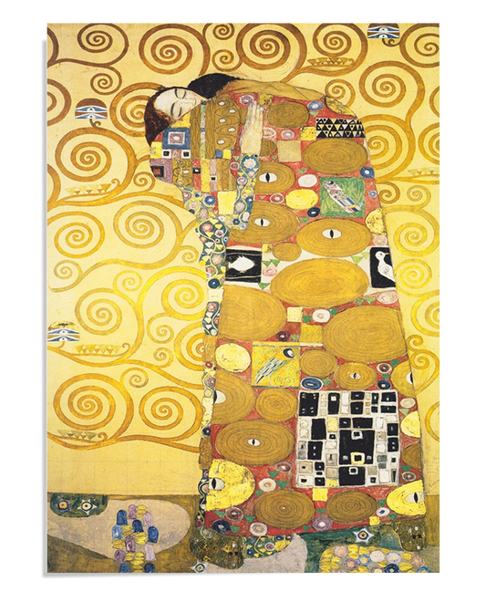 A stylized painting of two figures embracing, wrapped in a vibrant, ornate cloak filled with geometric patterns and spirals. The background is a golden yellow, decorated with swirling designs, creating a dreamy and intimate atmosphere.