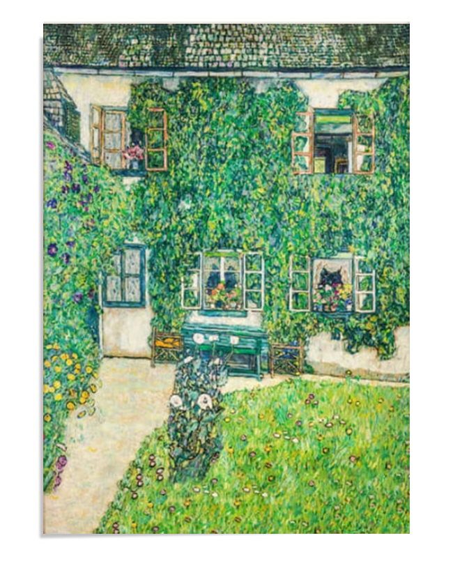 A charming painting of a house covered in lush green ivy, with open windows adorned with flowers. The foreground shows a small garden with a path leading to the front, evoking a peaceful, countryside setting.