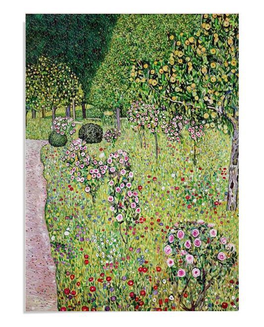 A colorful painting depicting a garden filled with blooming roses and fruit trees. The lush green background contrasts with the vibrant pinks, reds, and yellows of the flowers and fruit, creating a lively and serene natural scene.