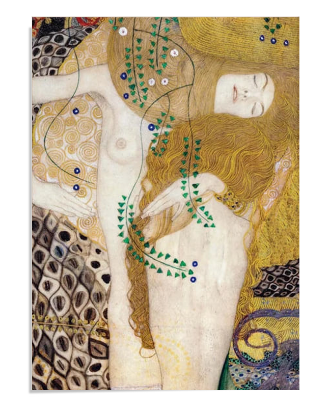 A sensual painting of two intertwined figures with flowing golden hair, surrounded by abstract patterns and delicate vines. The figures appear in a dreamlike embrace, blending into the ornate and fluid background.