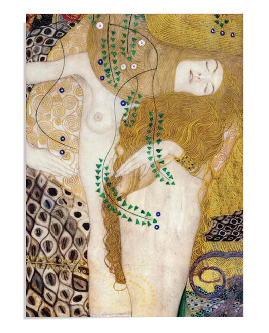 A sensual painting of two intertwined figures with flowing golden hair, surrounded by abstract patterns and delicate vines. The figures appear in a dreamlike embrace, blending into the ornate and fluid background.