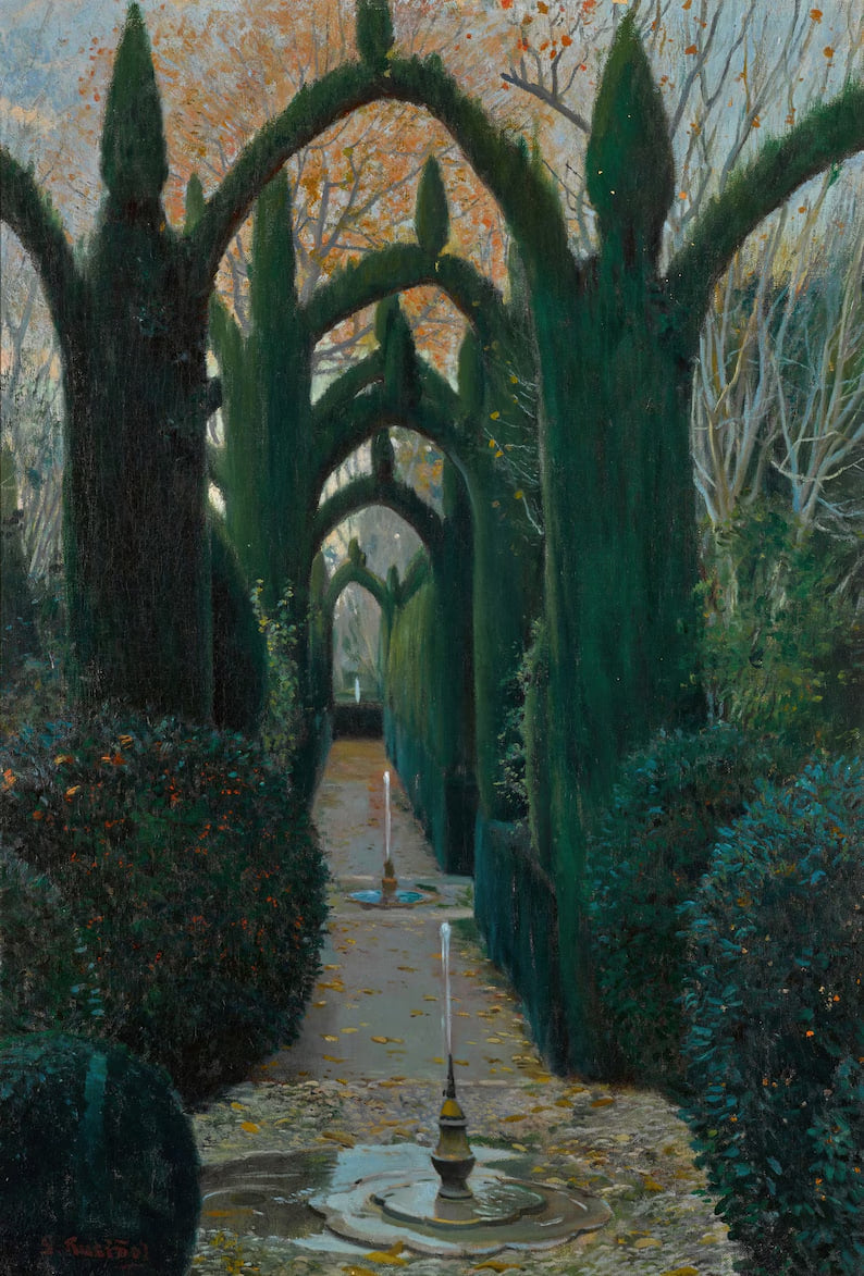 A serene garden path with tall, dark green hedges forming arches. The path is lined with small fountains, and autumn leaves scatter the ground. The trees in the background have bare branches, adding a tranquil atmosphere.