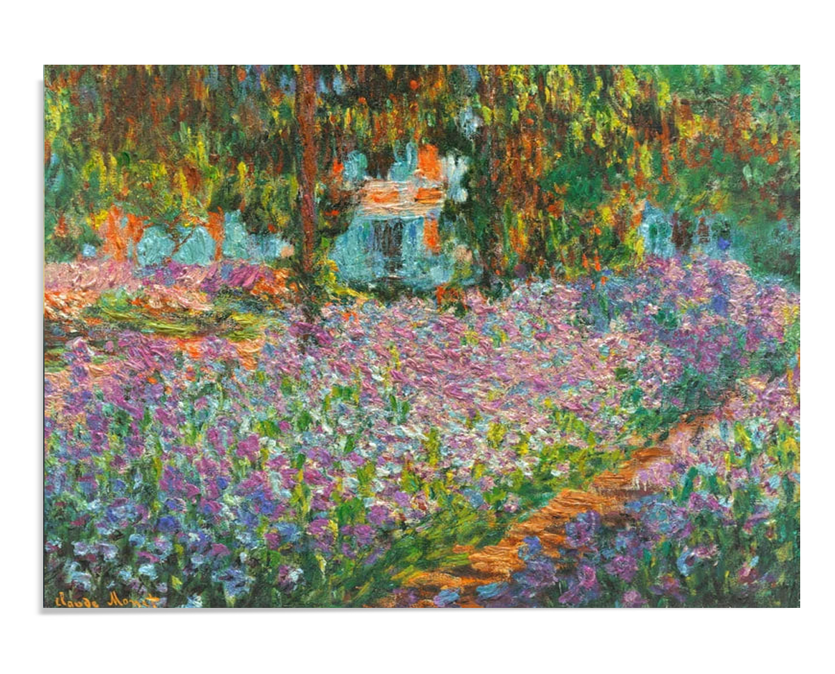 A vibrant painting of a garden filled with purple irises. A path cuts through the flowers leading to a house in the background, partially hidden by trees. The vivid colors create a lively, impressionistic scene.