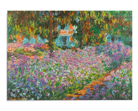 A vibrant painting of a garden filled with purple irises. A path cuts through the flowers leading to a house in the background, partially hidden by trees. The vivid colors create a lively, impressionistic scene.