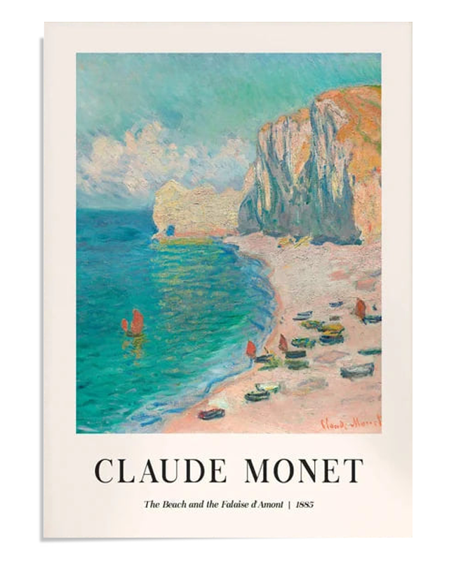 An impressionistic painting by Claude Monet depicting a beach scene with the Falaise d'Amont cliffs in the background. The print captures the gentle contrast between the ocean, sky, and sandy beach, creating a serene coastal atmosphere. Perfect for coastal art and nature lovers.