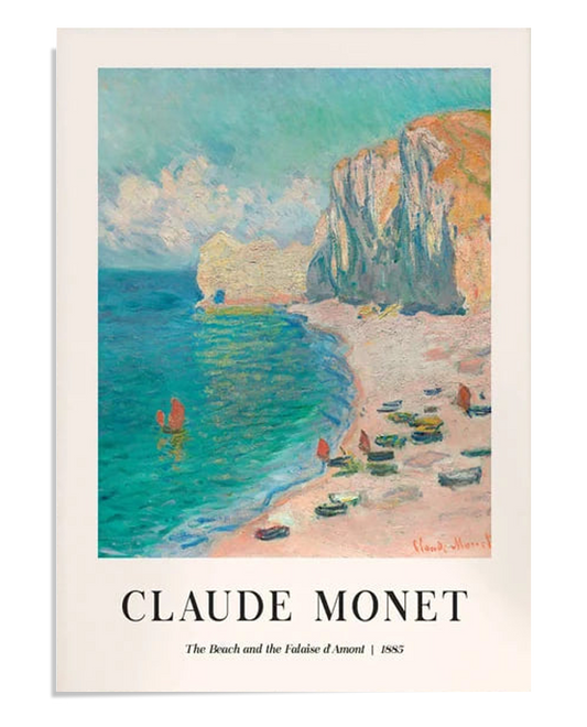 An impressionistic painting by Claude Monet depicting a beach scene with the Falaise d'Amont cliffs in the background. The print captures the gentle contrast between the ocean, sky, and sandy beach, creating a serene coastal atmosphere. Perfect for coastal art and nature lovers.
