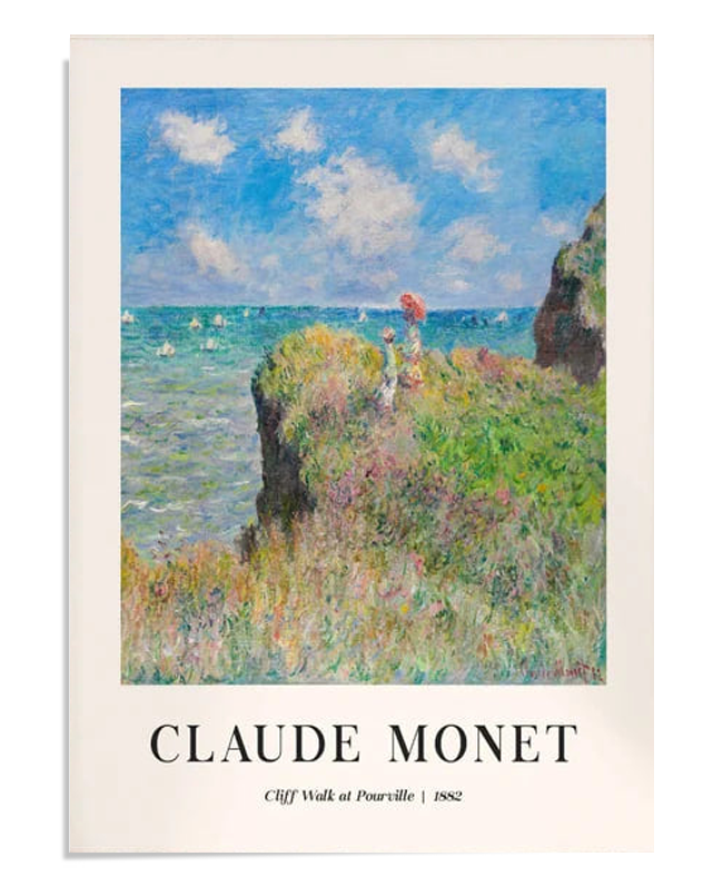 A coastal cliff scene with wildflowers, where a woman with a red hat strolls along the edge. The vast blue sea stretches out, dotted with white sails, while a bright sky filled with clouds completes the peaceful landscape.