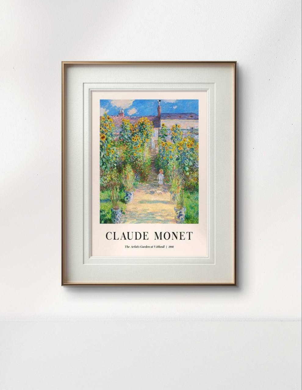 The framed garden scene is displayed with a white mat and wooden frame. The tall sunflowers and vivid colors of the painting create a lively and warm impression in the simple frame.